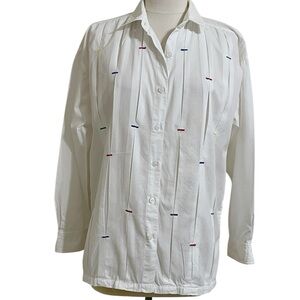 Oversized 80s/90s Womens White Button Down Shirt Front Multicolor Stitched Tucks